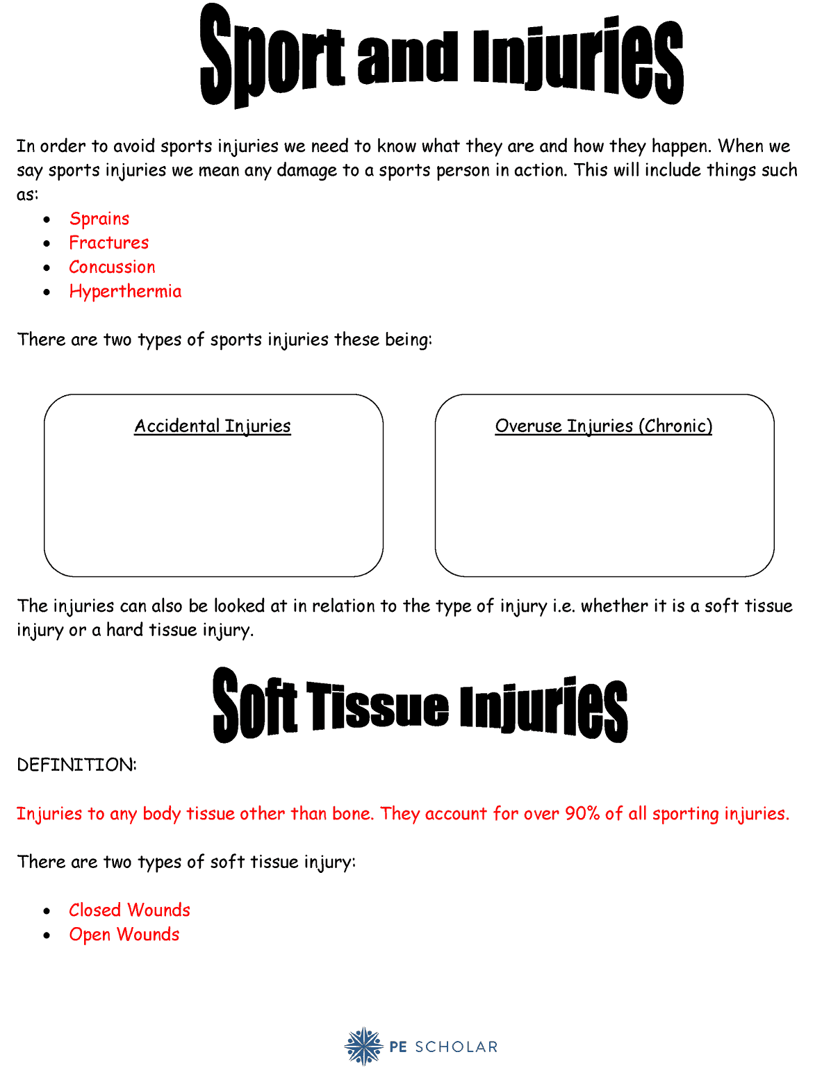 Sports Injury Worksheet (for GCSE or BTEC students)