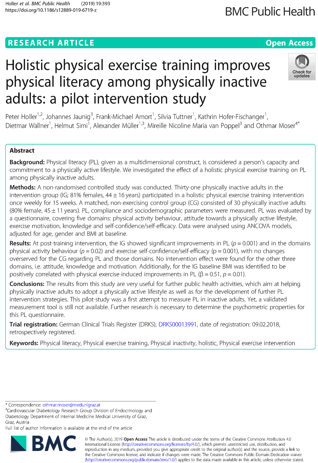 Holistic physical exercise training improves physical literacy among physically inactive adults – a pilot intervention study