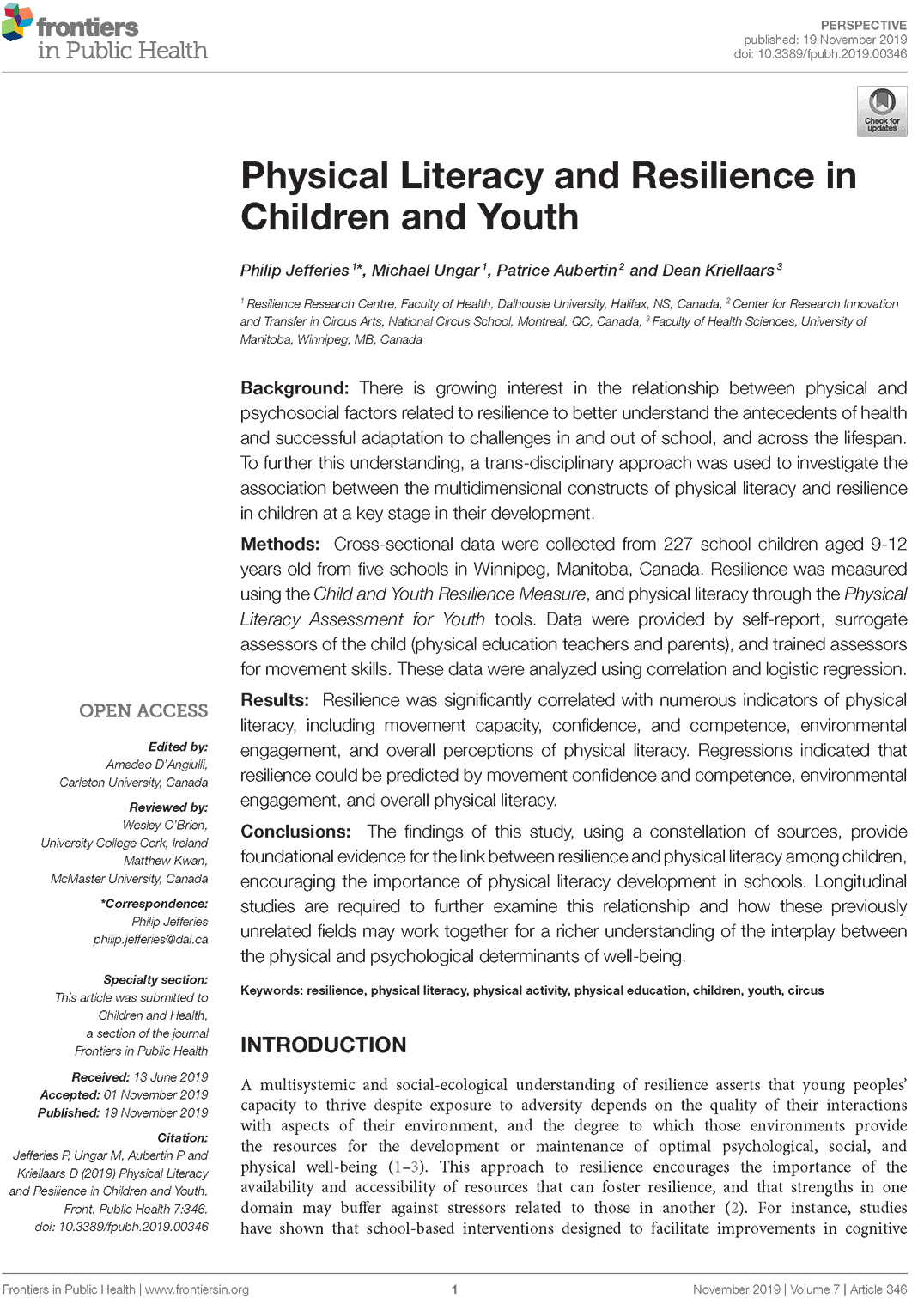 Physical Literacy and Resilience in Children and Youth
