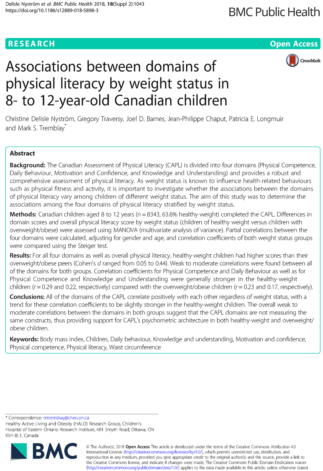 Associations between domains of physical literacy by weight status in 8- to 12-year-old Canadian children