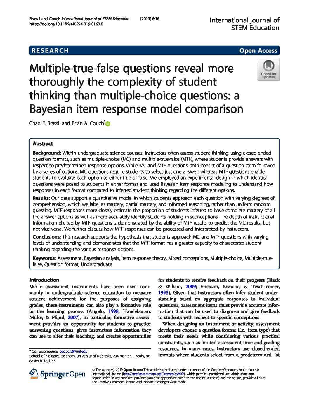 Multiple-true-false questions reveal more thoroughly the complexity of student thinking than multiple-choice questions: a Bayesian item response model comparison