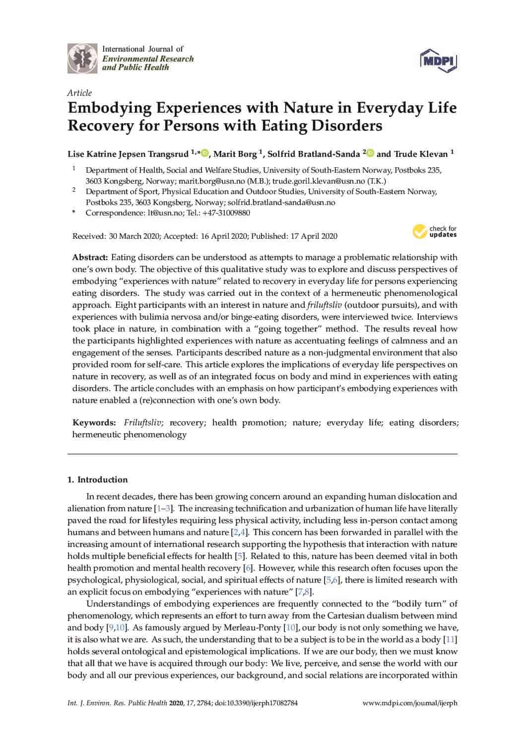 Embodying Experiences with Nature in Everyday Life Recovery for Persons with Eating Disorders