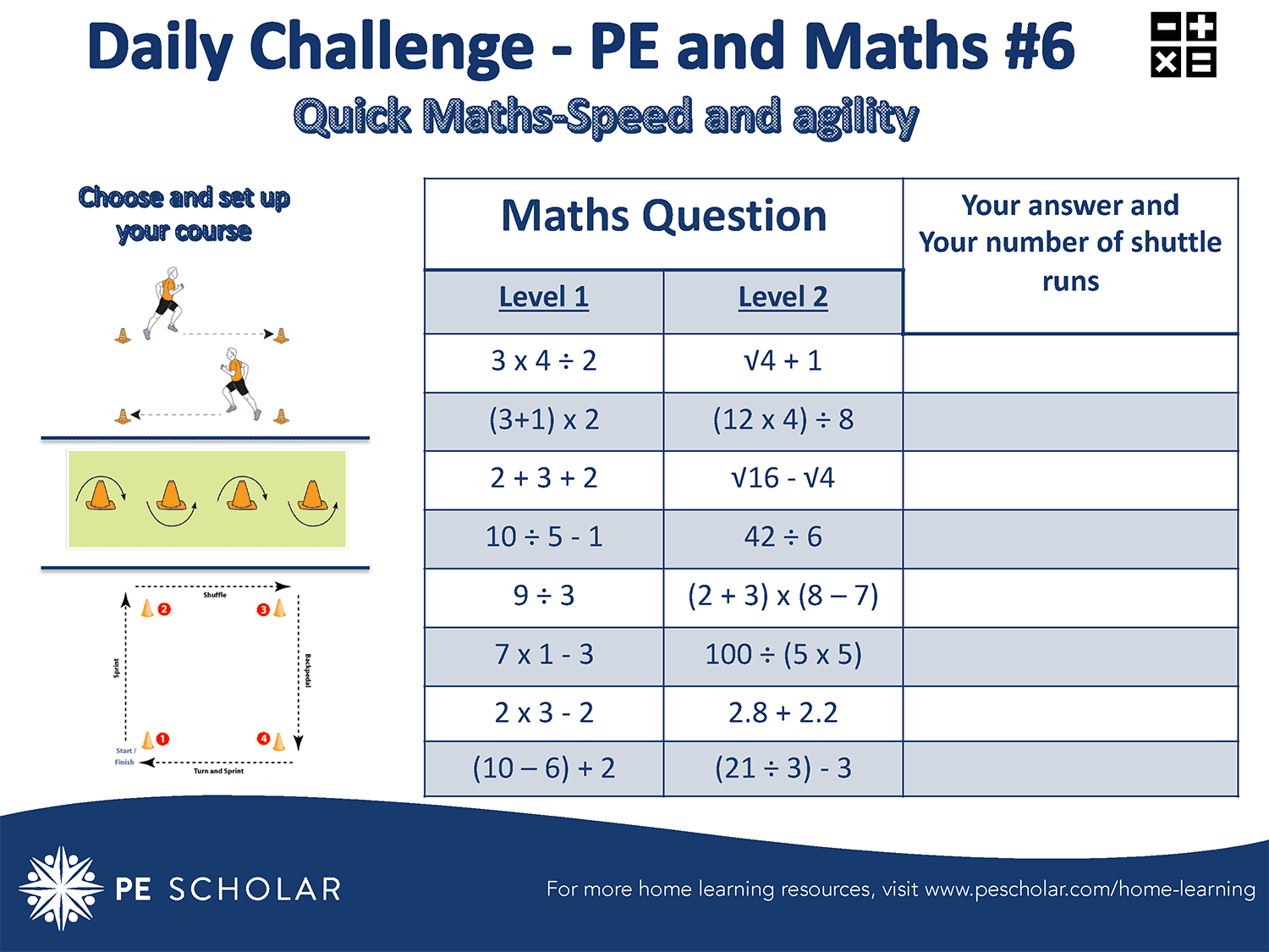 Daily Challenge Cards – Home Learning – PE & Maths (#6-10)