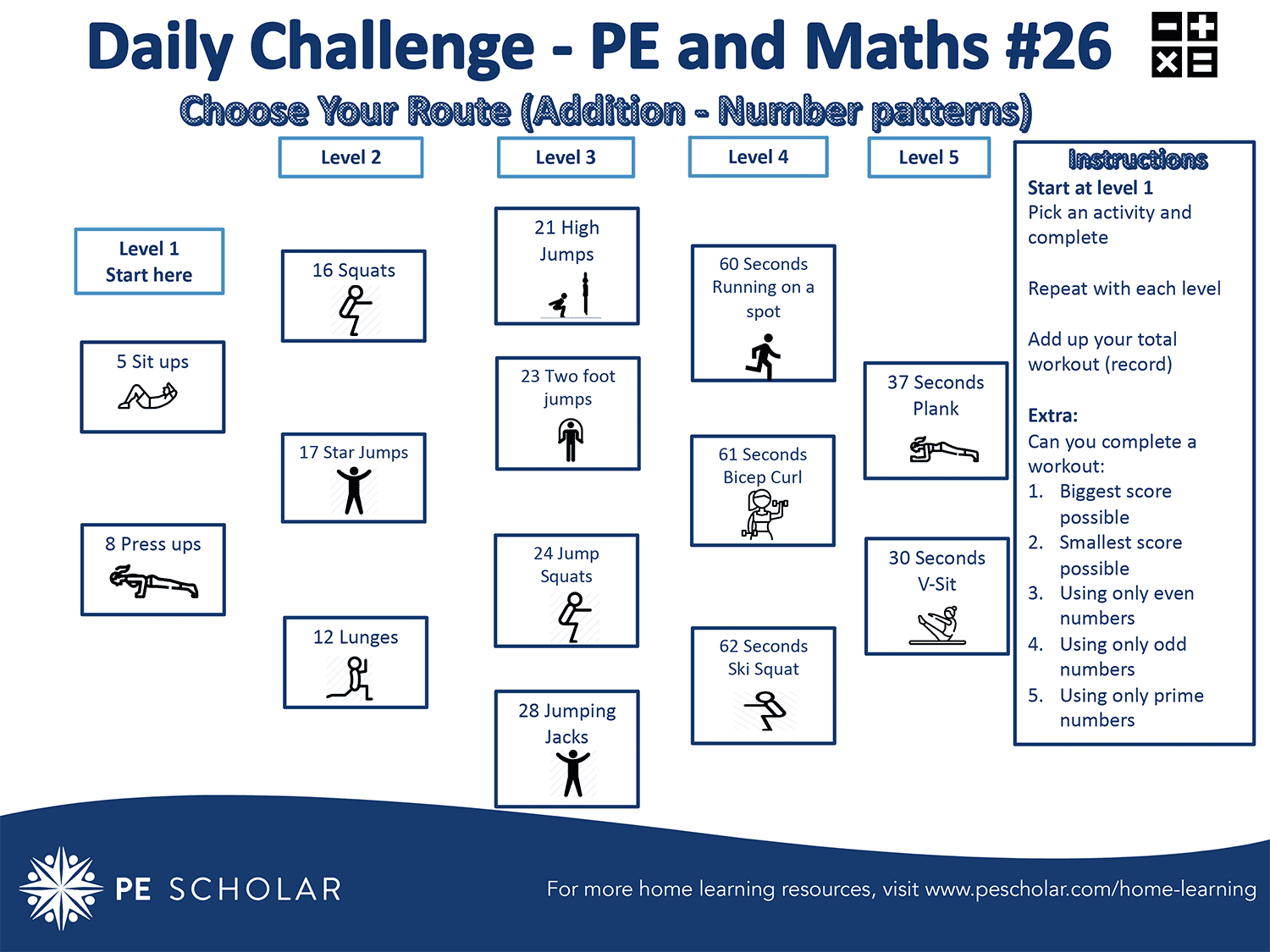 Daily Challenge Cards – Home Learning – PE & Maths (#26-30)