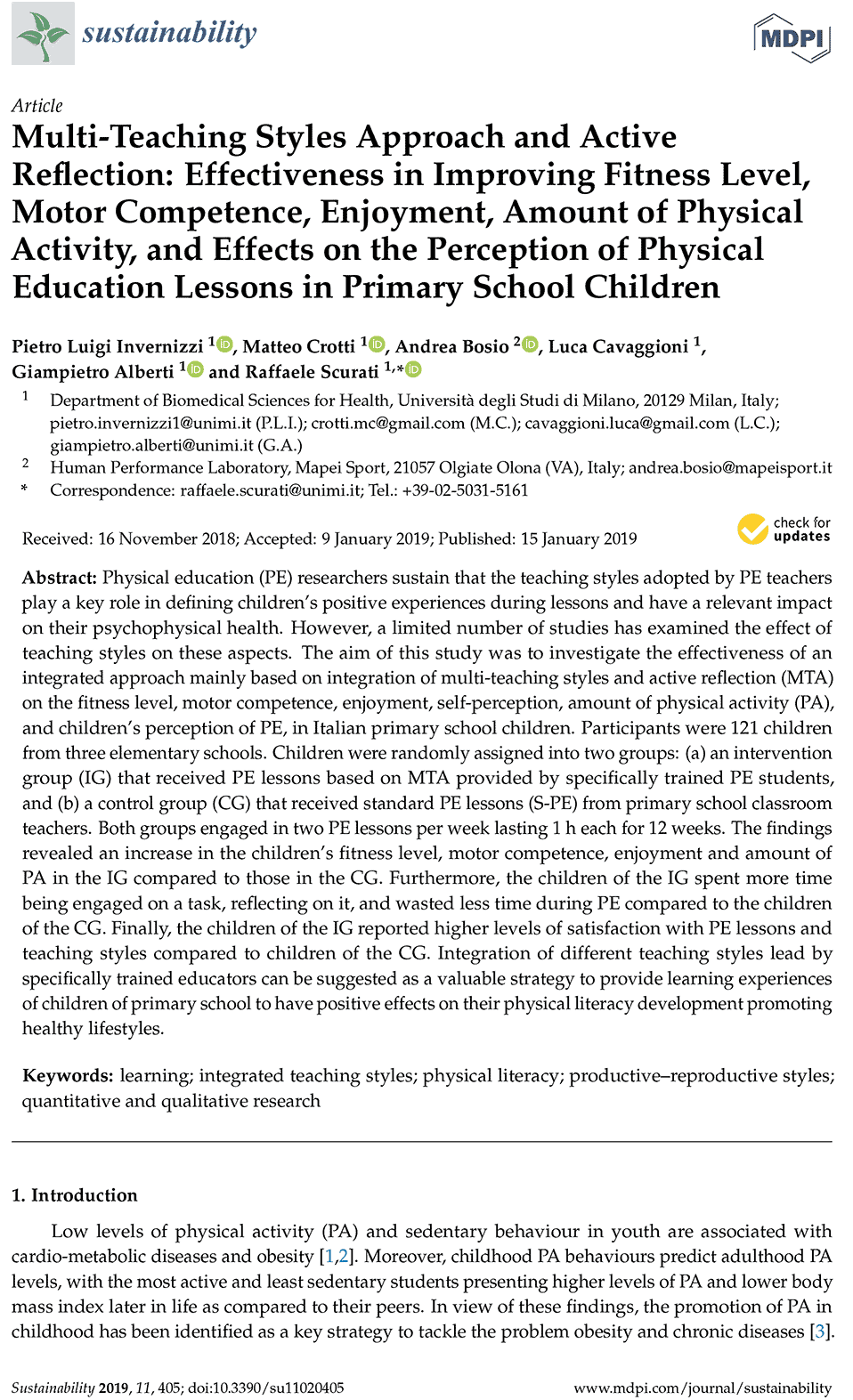 Multi-Teaching Styles Approach and Active Reflection: Effectiveness in Improving Fitness Level, Motor Competence, Enjoyment, Amount of Physical Activity, and Effects on the Perception of Physical Education Lessons in Primary School Children