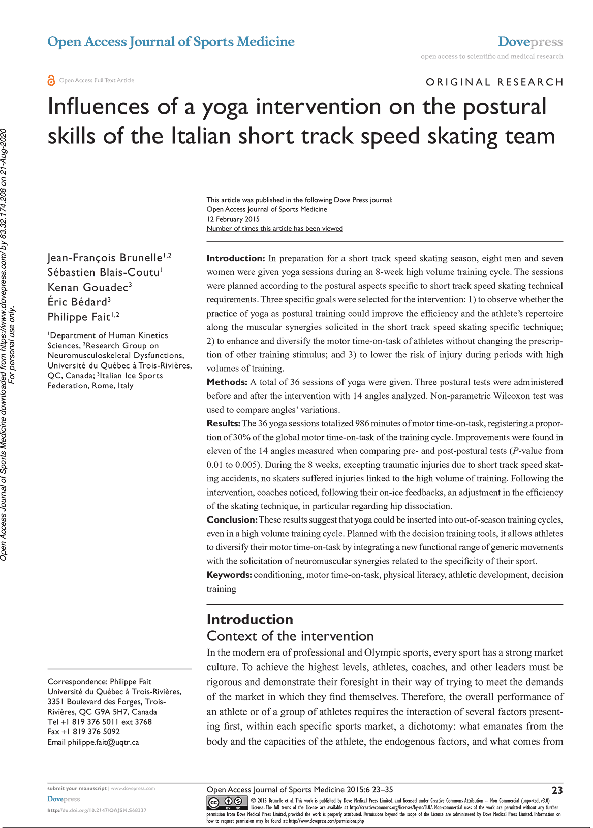 Influences of a yoga intervention on the postural skills of the Italian short track speed skating team