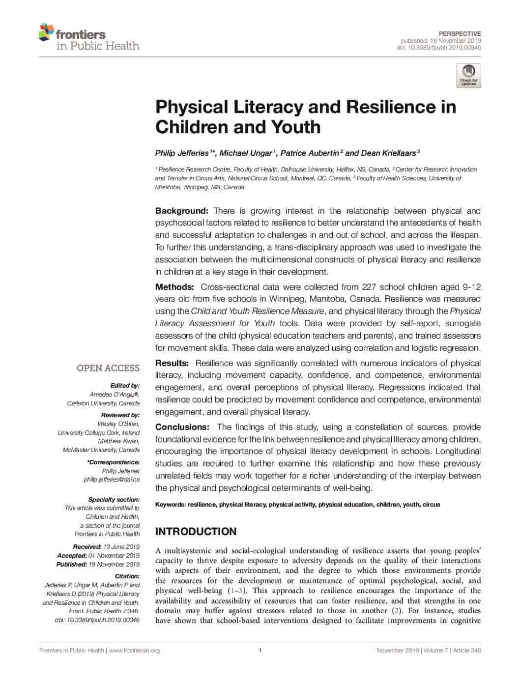 Resilience and Physical Literacy in Children and Youth