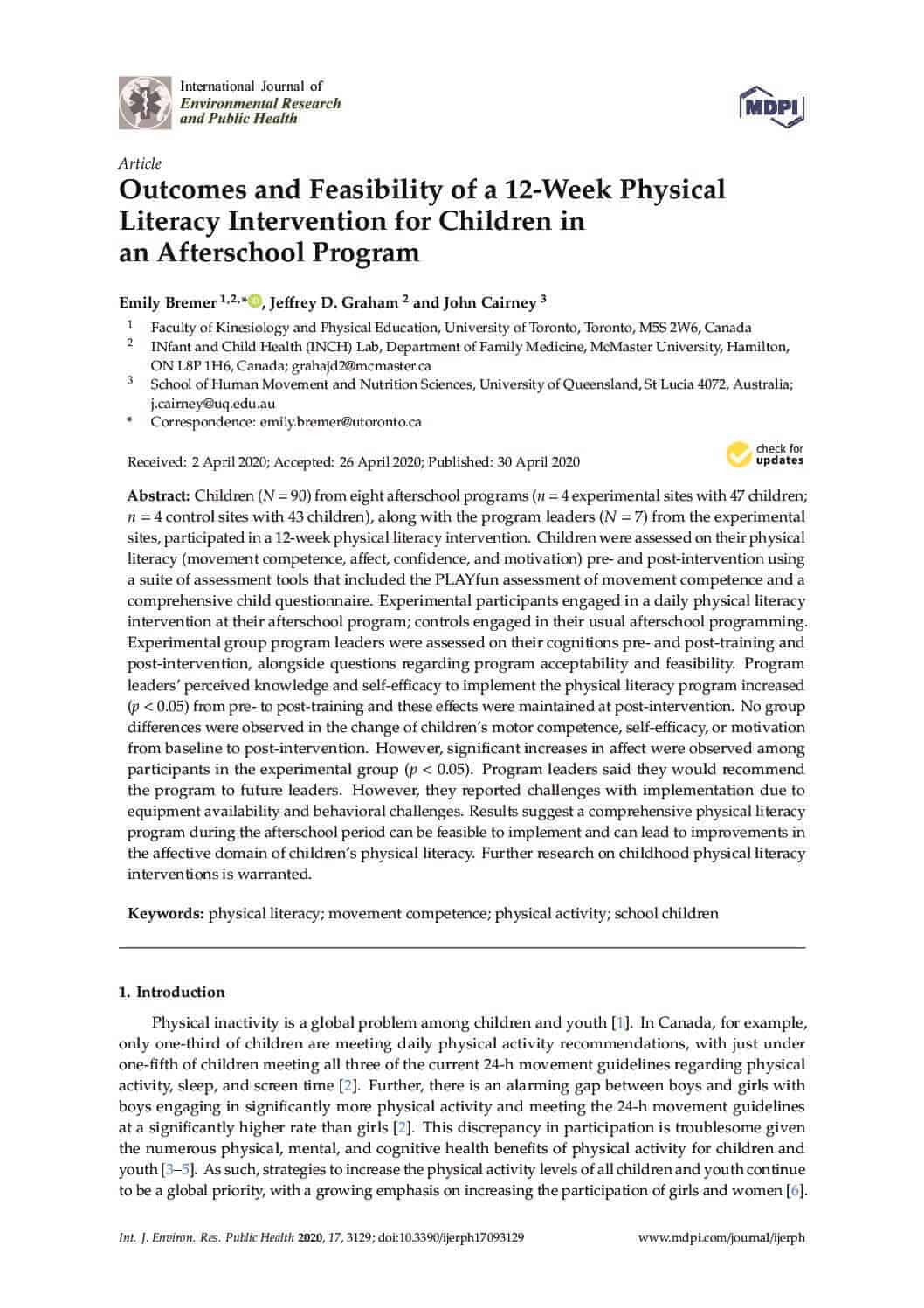 Outcomes and Feasibility of a 12-Week Physical Literacy Intervention for Children in an Afterschool Program