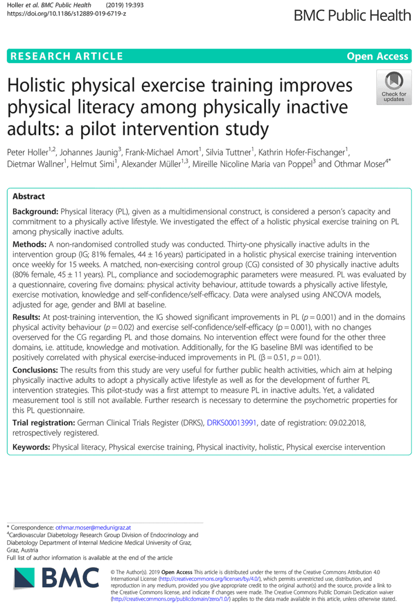 Holistic physical exercise training improves physical literacy among physically inactive adults: a pilot intervention study