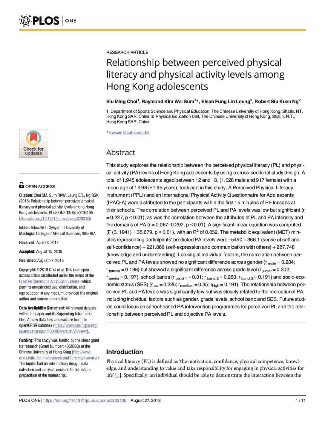 Relationship between perceived physical literacy and physical activity levels among Hong Kong adolescents