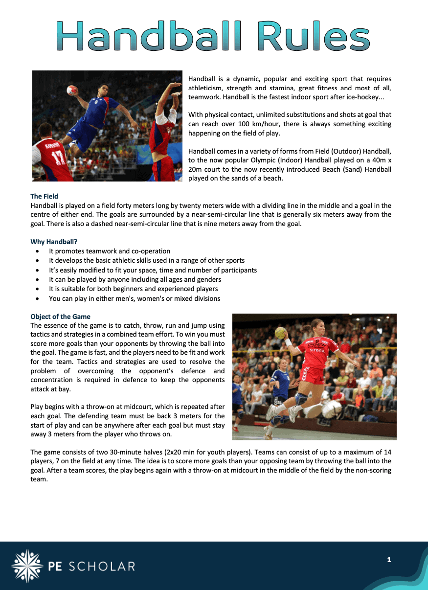 Handball Rules and Information Resource Card