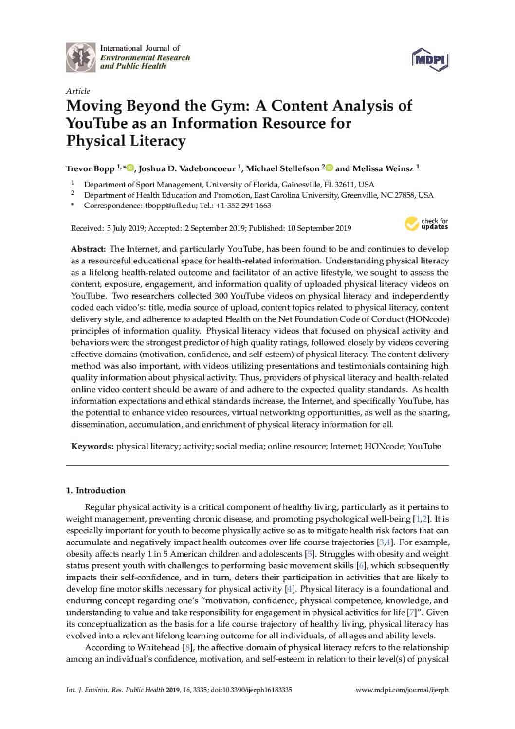 Moving Beyond the Gym: A Content Analysis of YouTube as an Information Resource for Physical Literacy
