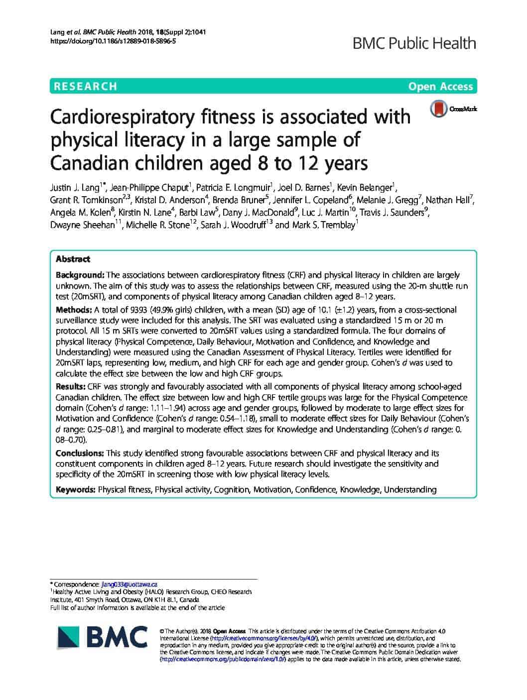 Cardiorespiratory fitness is associated with physical literacy in a large sample of Canadian children aged 8 to 12 years