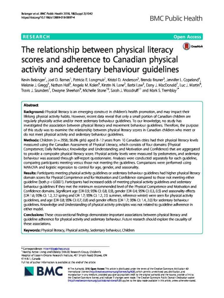 The relationship between physical literacy scores and adherence to Canadian physical activity and sedentary behaviour guidelines
