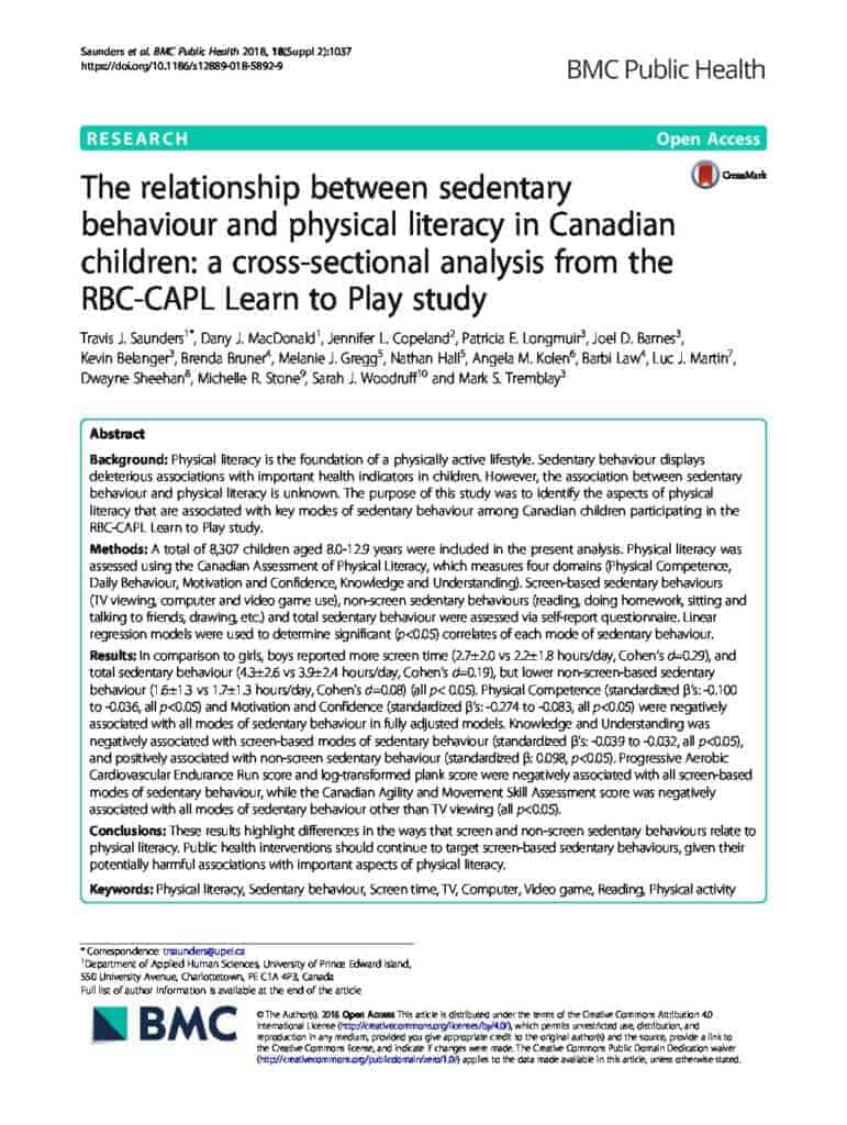 The relationship between sedentary behaviour and physical literacy in Canadian children