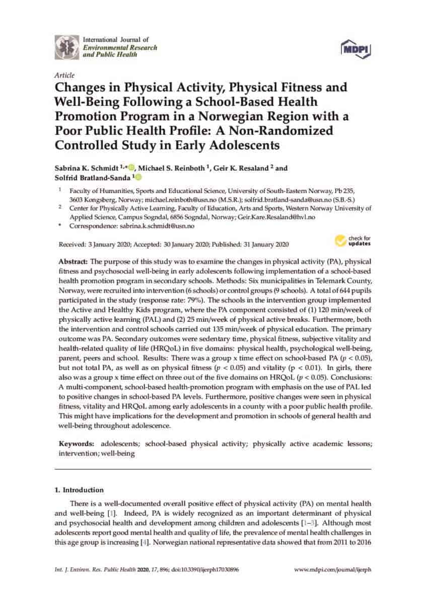 Changes in Physical Activity, Physical Fitness and Well-Being Following a School-Based Health Promotion Program in a Norwegian Region with a Poor Public Health Profile