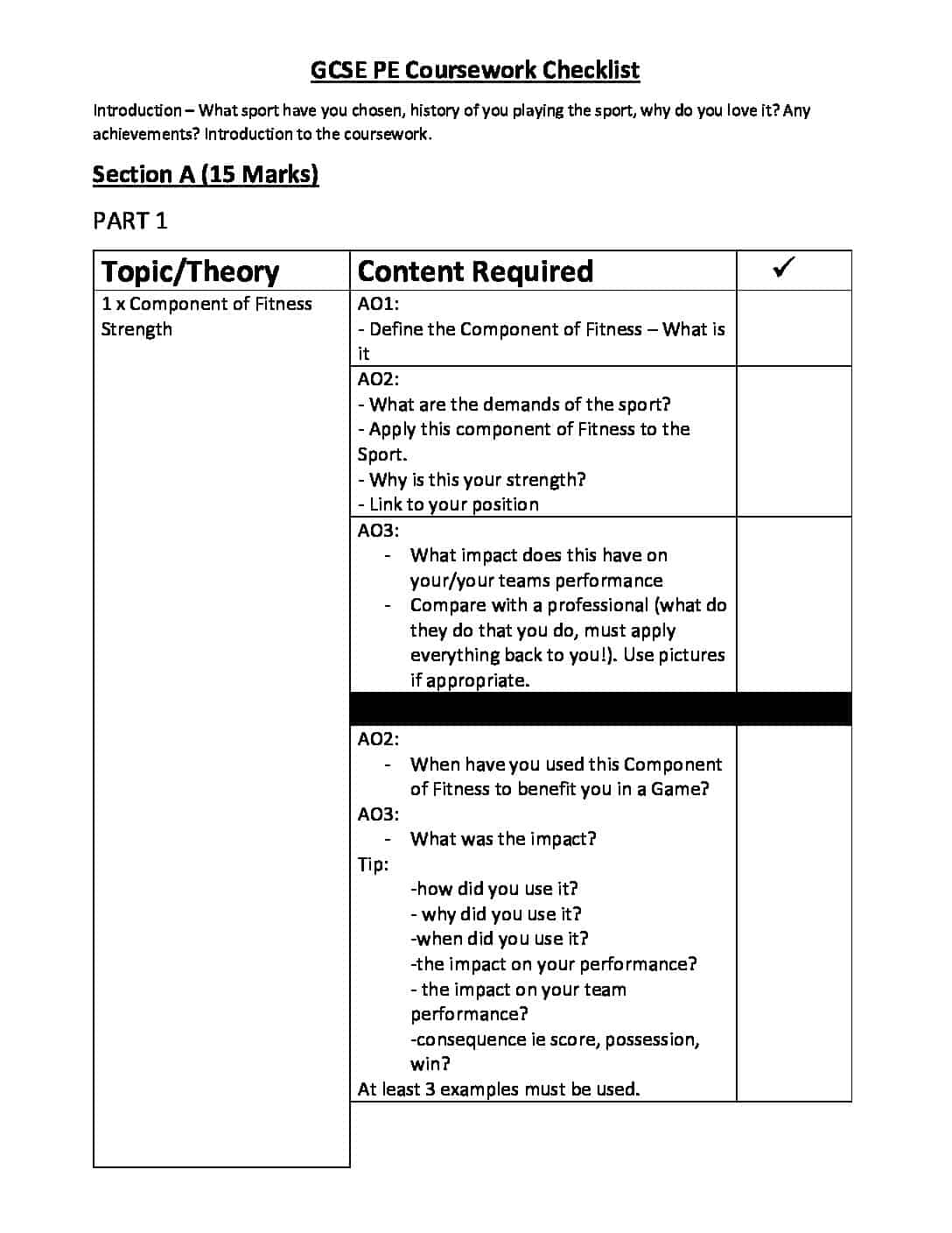 GCSE PE Coursework Checklists for Students