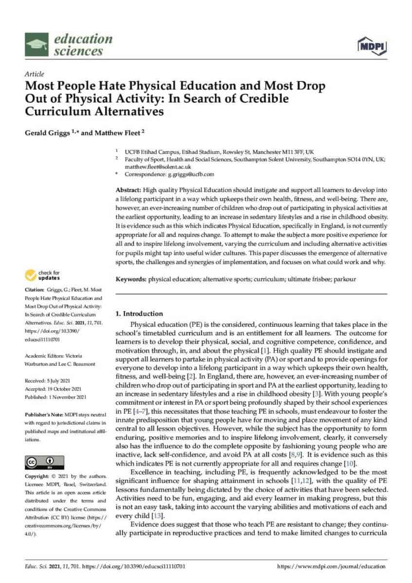 Most People Hate Physical Education and Most Drop Out of Physical Activity: In Search of Credible Curriculum Alternatives