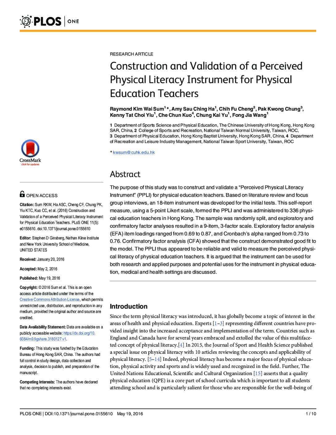 Construction and Validation of a Perceived Physical Literacy Instrument for Physical Education Teachers