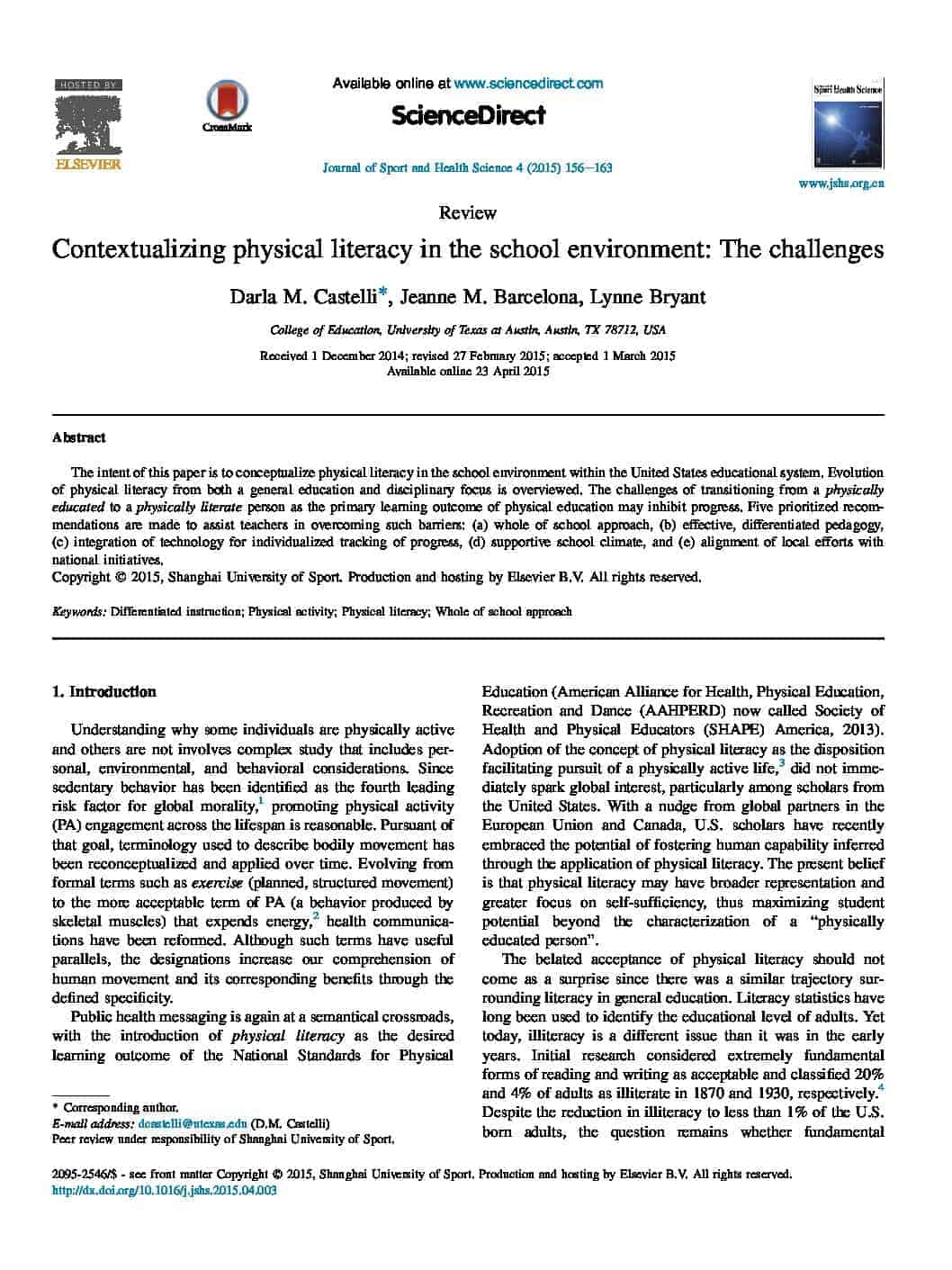 Conceptualising physical literacy in the school environment: The challenges