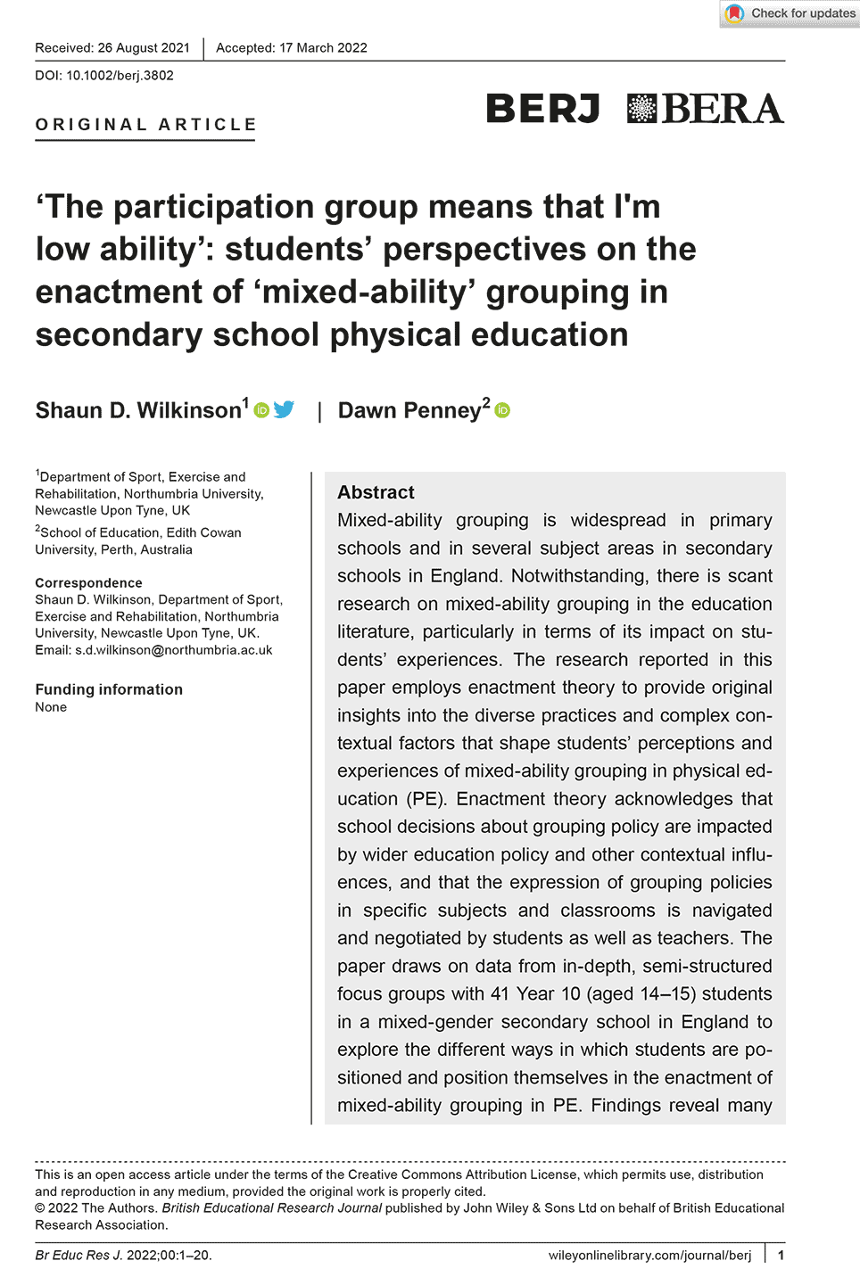 ‘The participation group means that I’m low ability’: students’ perspectives on the enactment of ‘mixed-ability’ grouping in secondary school physical education