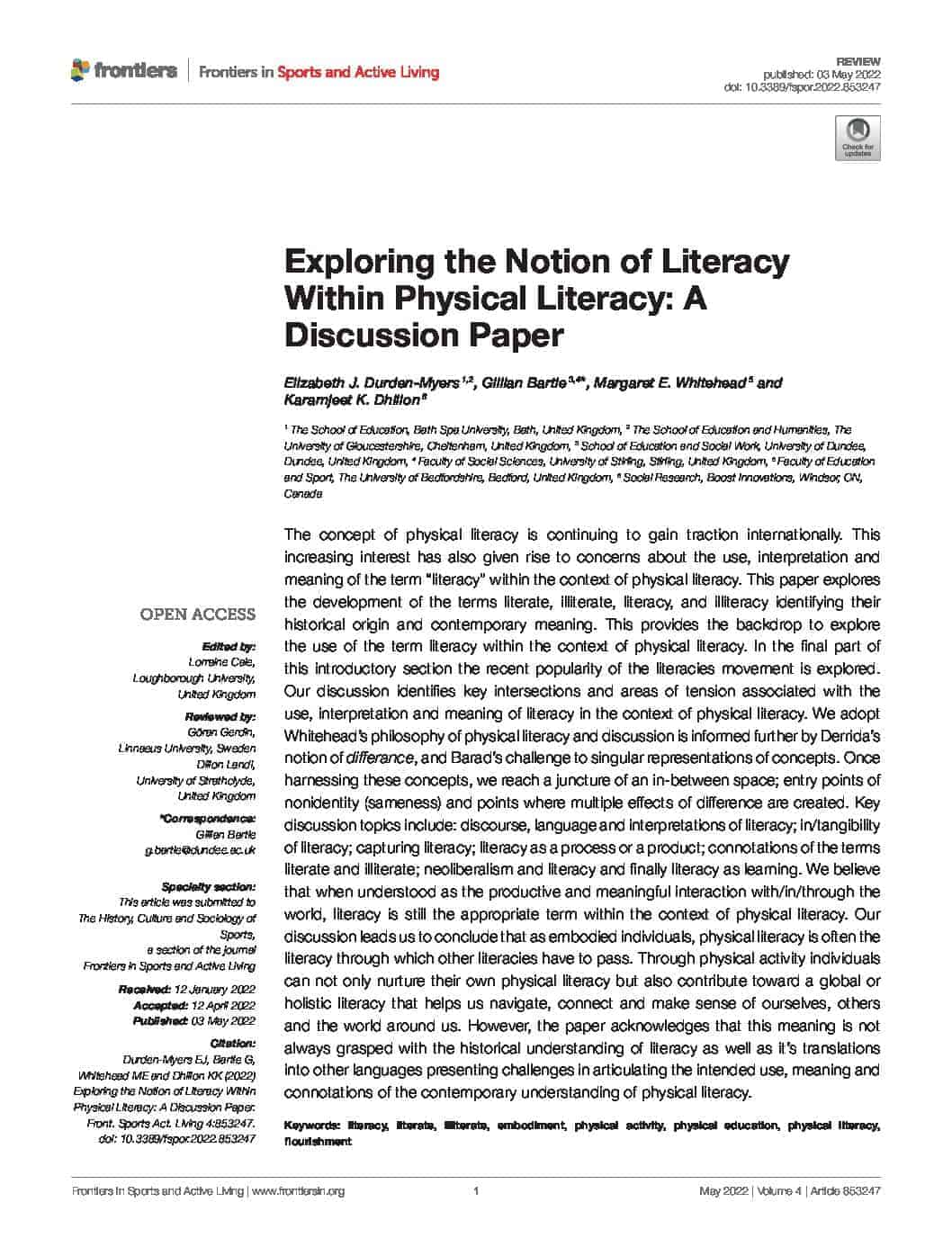 Exploring the Notion of Literacy Within Physical Literacy