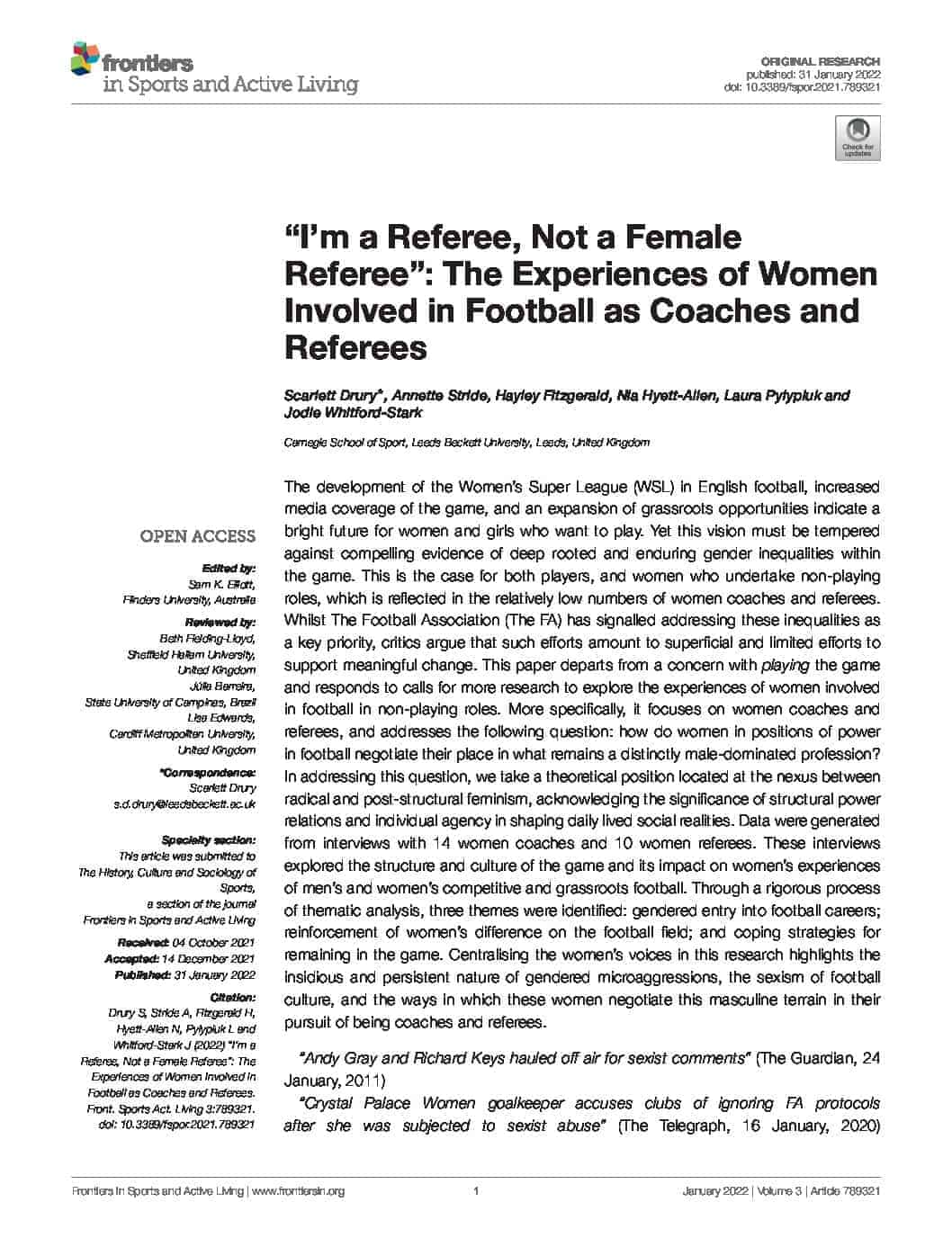 I’m a Referee, Not a Female Referee – The Experiences of Women Involved in Football as Coaches and Referees