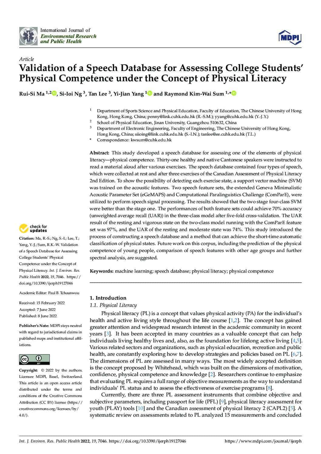 Validation of a Speech Database for Assessing College Students’ Physical Competence under the Concept of Physical Literacy