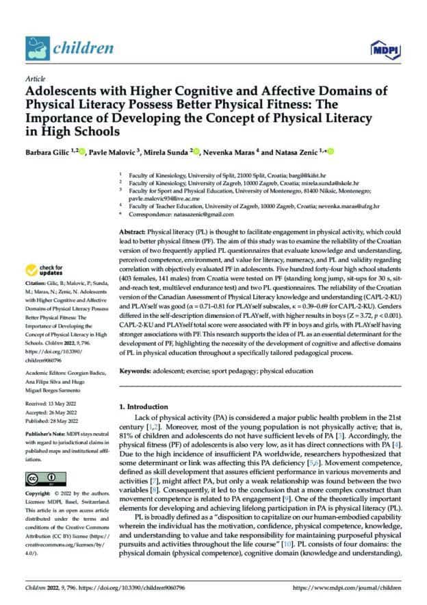 Adolescents with Higher Cognitive and Affective Domains of Physical Literacy Possess Better Physical Fitness: The Importance of Developing the Concept of Physical Literacy in High Schools