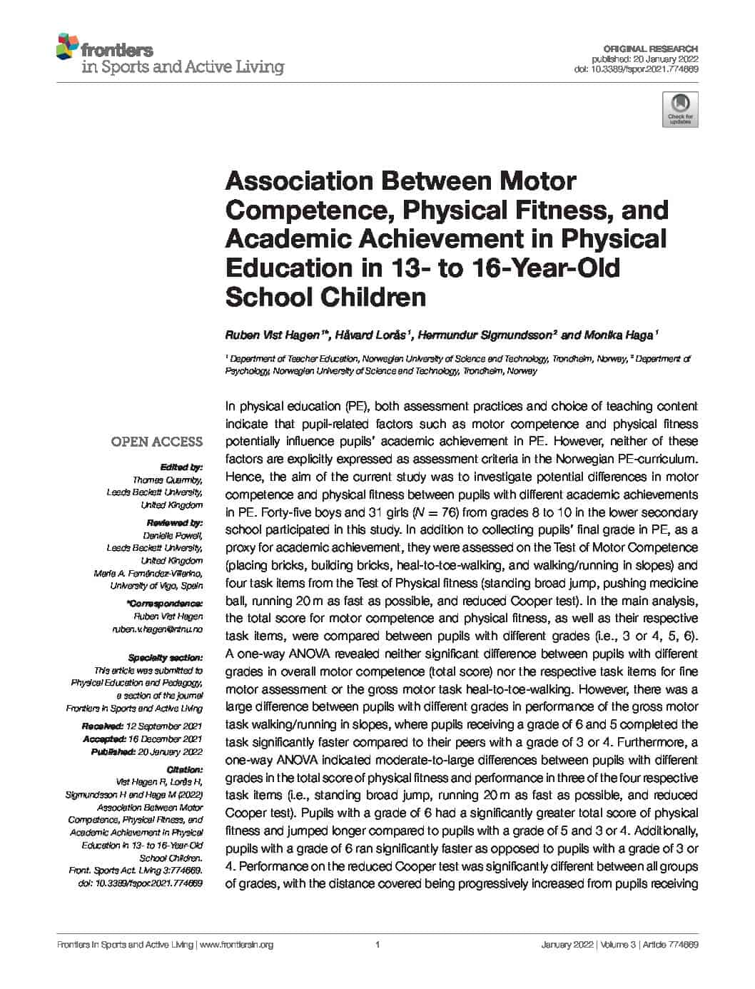 Featured image for “Association Between Motor Competence, Physical Fitness, and Academic Achievement in Physical Education in 13- to 16-Year-Old School Children”