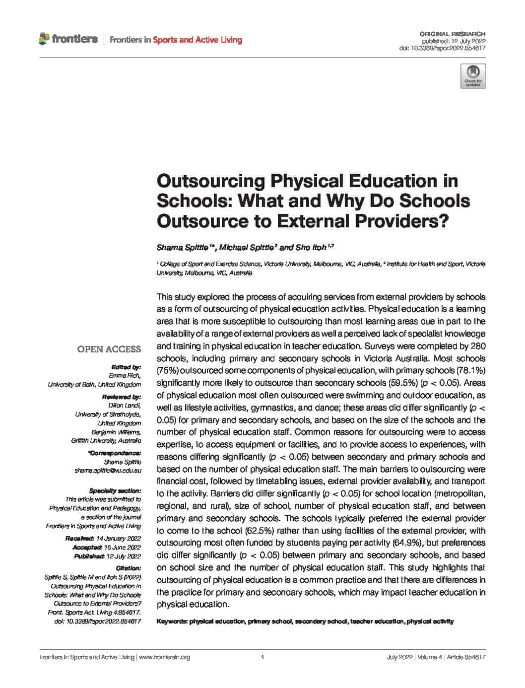 Outsourcing Physical Education in Schools: What and Why Do Schools Outsource to External Providers?