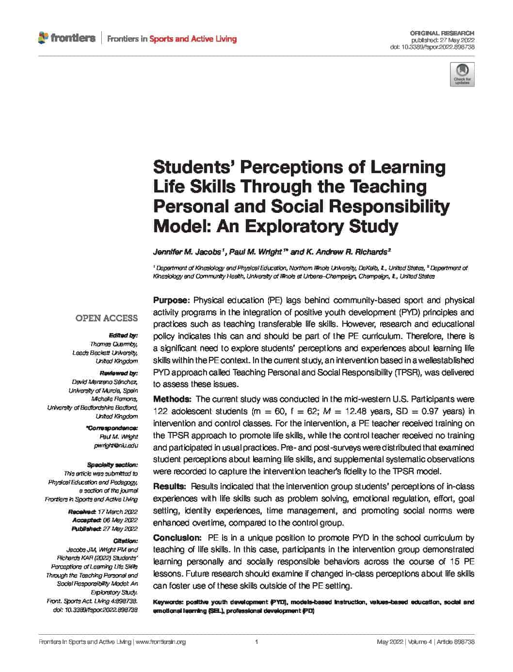 Students’ Perceptions of Learning Life Skills Through the Teaching Personal and Social Responsibility Model: An Exploratory Study