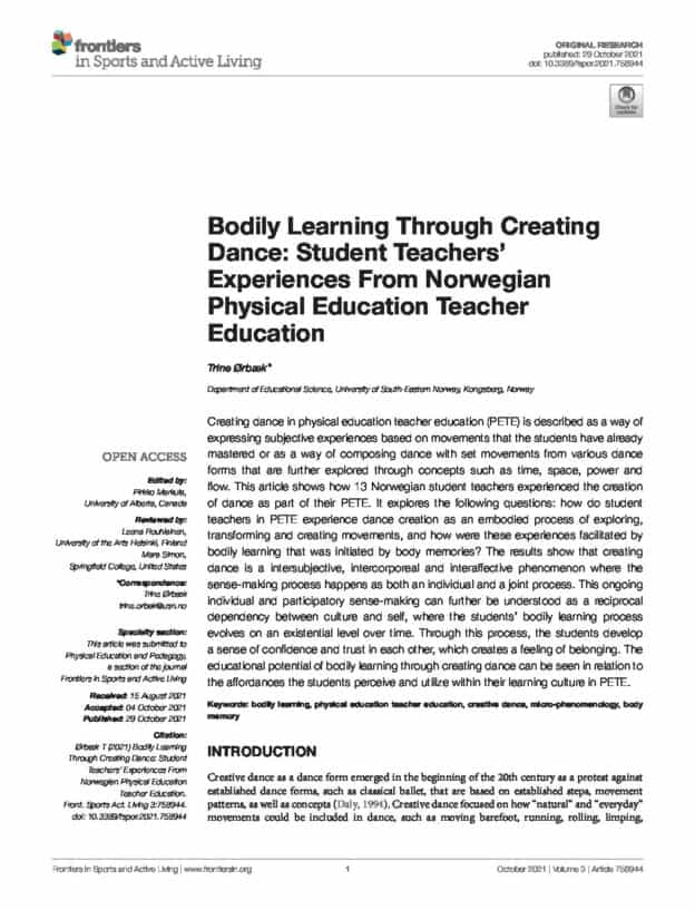 Bodily Learning Through Creating Dance: Student Teachers' Experiences From Norwegian Physical Education Teacher Education