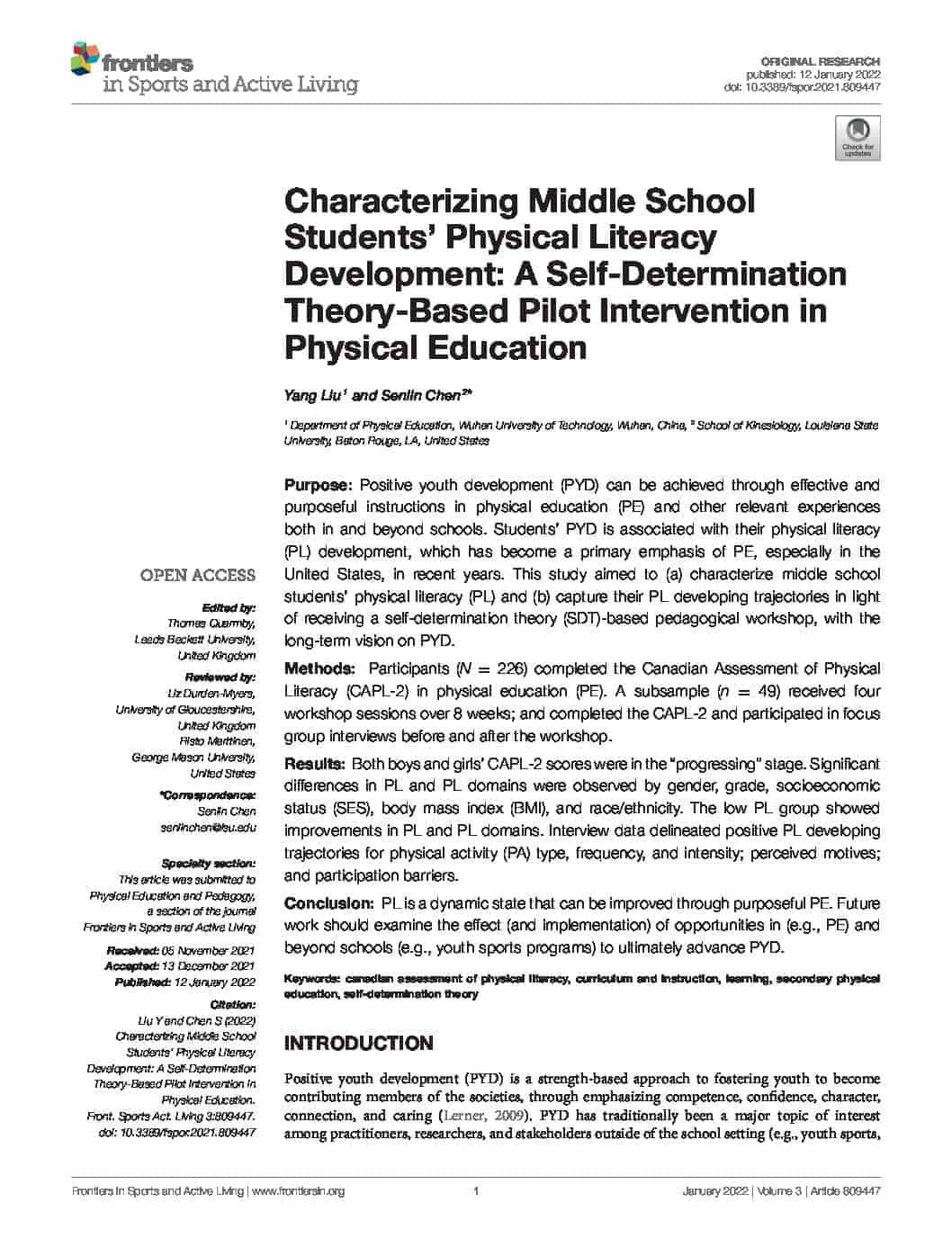 Characterising Middle School Students’ Physical Literacy Development: A Self-Determination Theory-Based Pilot Intervention in Physical Education
