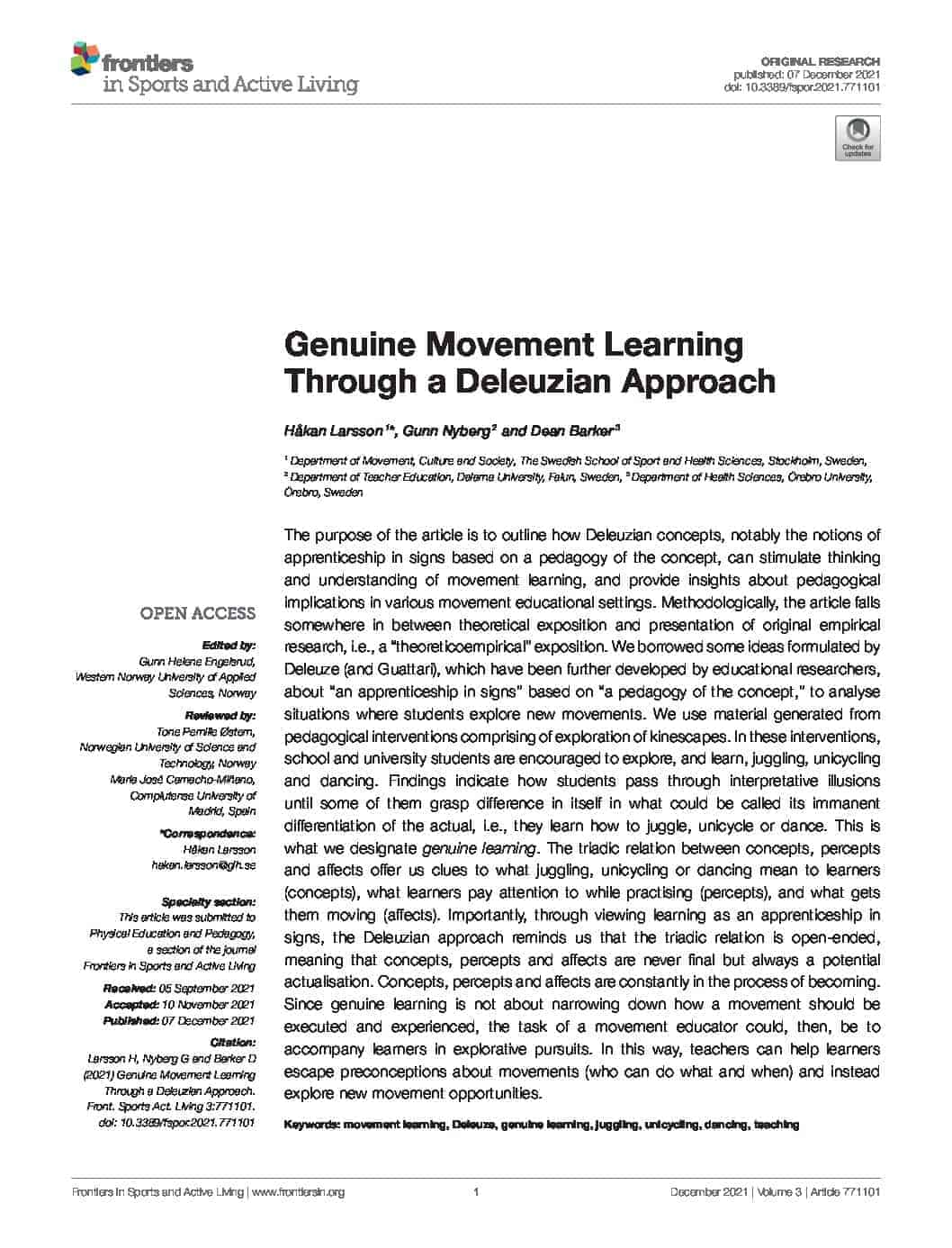 Genuine Movement Learning Through a Deleuzian Approach