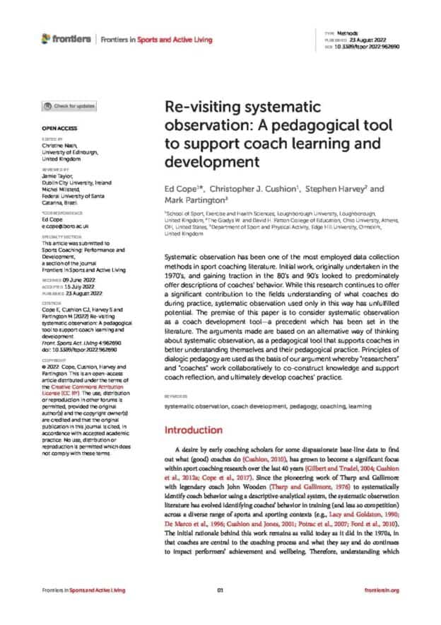 Re-visiting systematic observation: A pedagogical tool to support coach learning and development