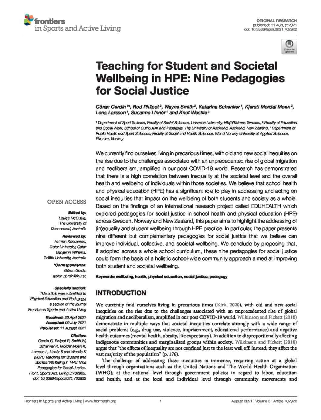 Teaching for Student and Societal Wellbeing in HPE: Nine Pedagogies for Social Justice