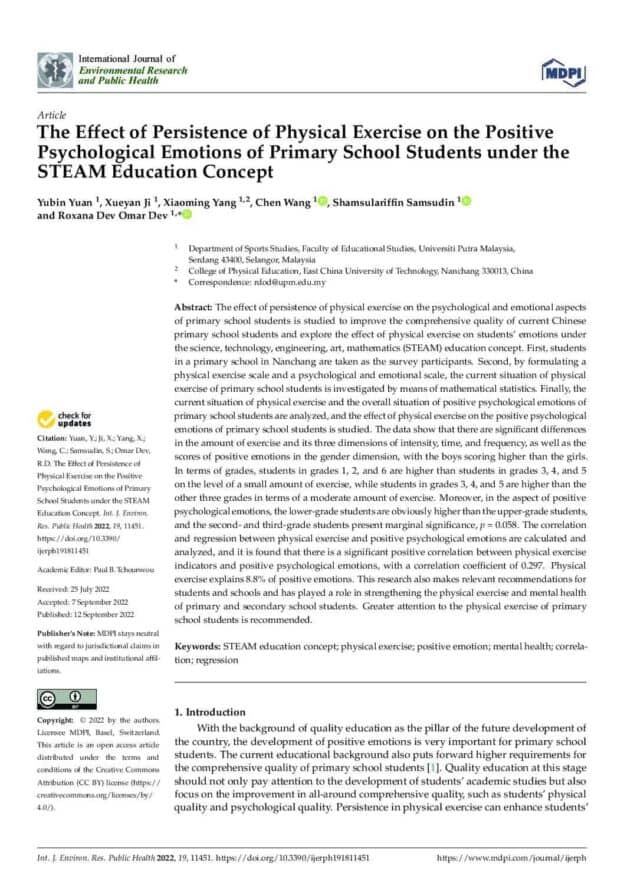 The Effect of Persistence of Physical Exercise on the Positive Psychological Emotions of Primary School Students under the STEAM Education Concept