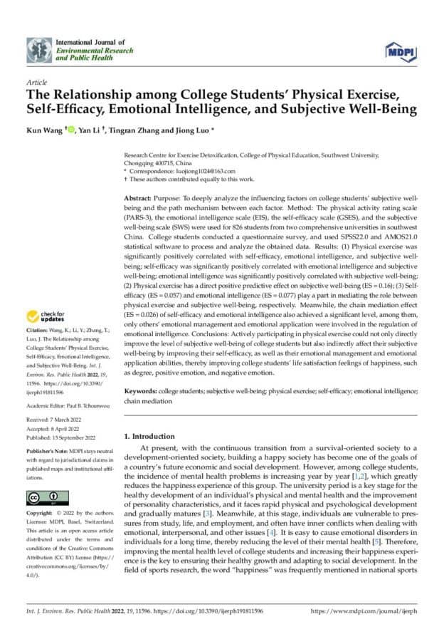 The Relationship among College Students’ Physical Exercise, Self-Efficacy, Emotional Intelligence, and Subjective Well-Being
