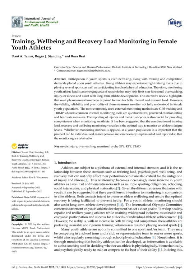 Training, Wellbeing and Recovery Load Monitoring in Female Youth Athletes