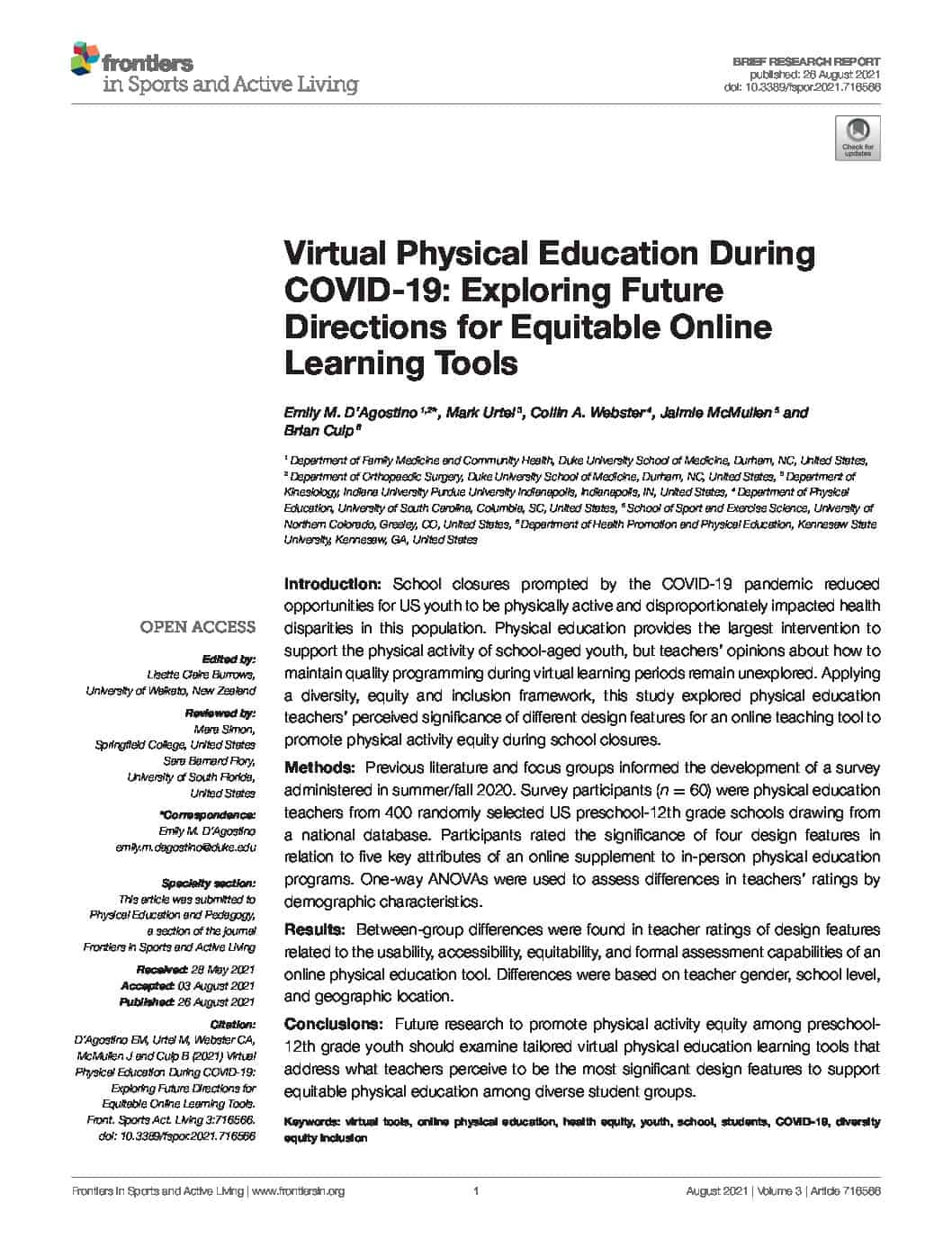 Virtual Physical Education During COVID-19: Exploring Future Directions for Equitable Online Learning Tools