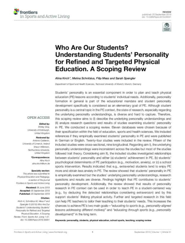 Who Are Our Students? Understanding Students' Personality for Refined and Targeted Physical Education. A Scoping Review