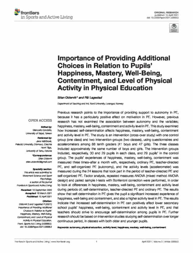 Importance of Providing Additional Choices in Relation to Pupils' Happiness, Mastery, Well-Being, Contentment, and Level of Physical Activity in Physical Education