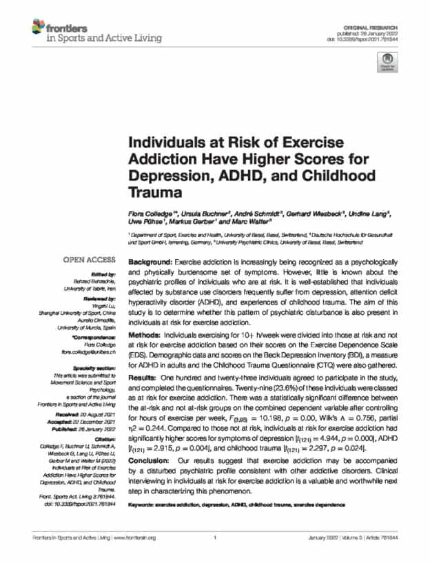 Individuals at Risk of Exercise Addiction Have Higher Scores for Depression, ADHD, and Childhood Trauma