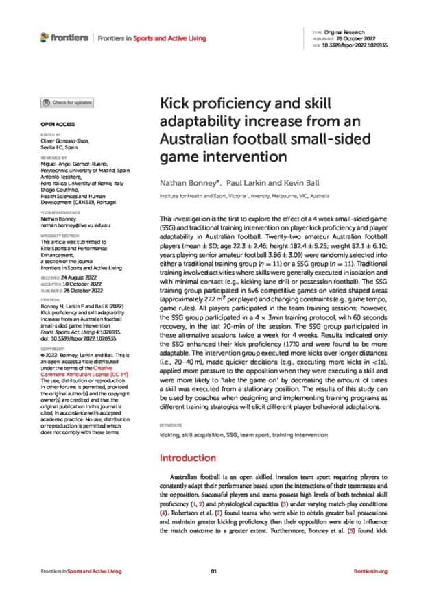 Kick proficiency and skill adaptability increase from an Australian football small-sided game intervention