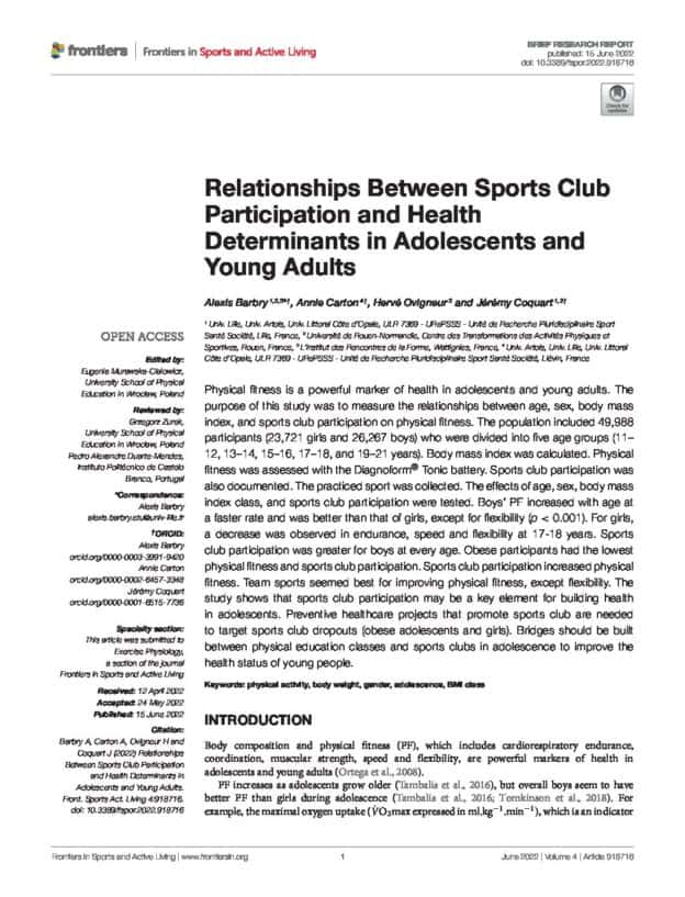 Relationships Between Sports Club Participation and Health Determinants in Adolescents and Young Adults