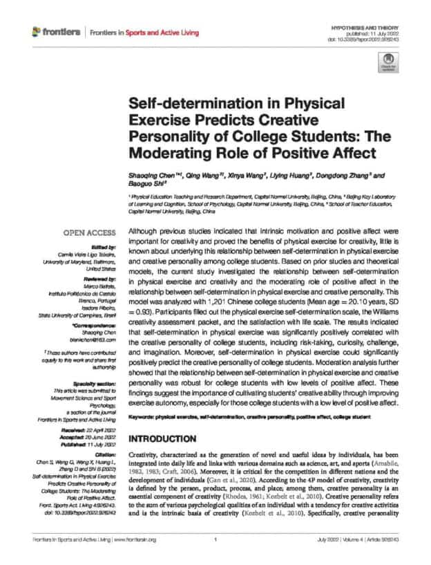 Self-determination in Physical Exercise Predicts Creative Personality of College Students: The Moderating Role of Positive Affect