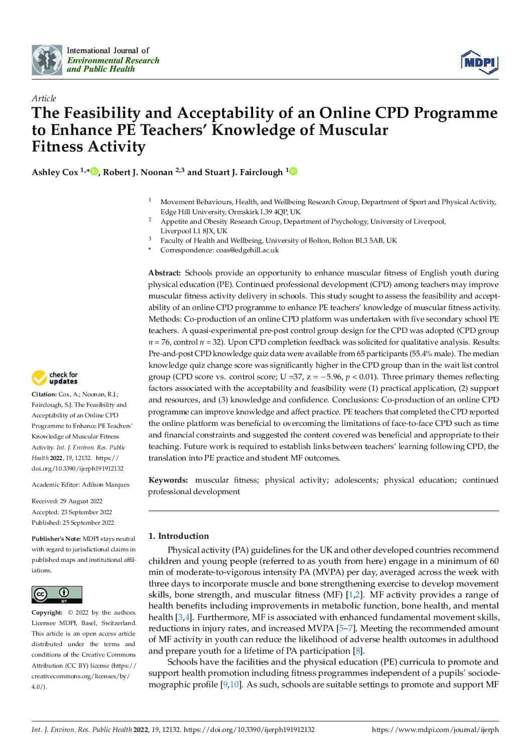 The Feasibility and Acceptability of an Online CPD Programme to Enhance PE Teachers’ Knowledge of Muscular Fitness Activity