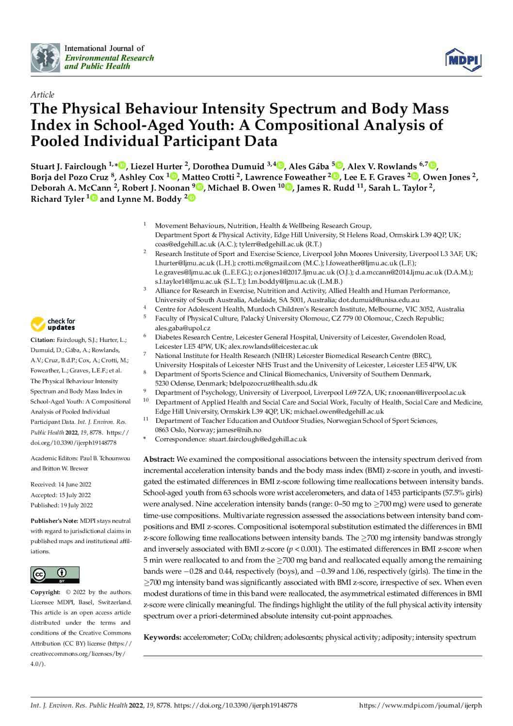 The Physical Behaviour Intensity Spectrum and Body Mass Index in School-Aged Youth: A Compositional Analysis of Pooled Individual Participant Data