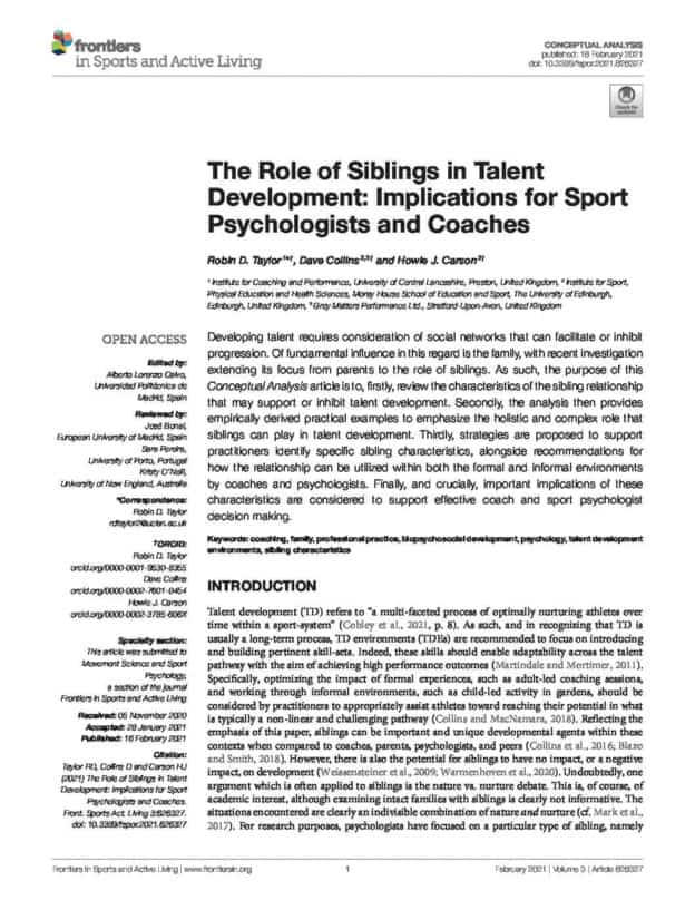 The Role of Siblings in Talent Development: Implications for Sport Psychologists and Coaches